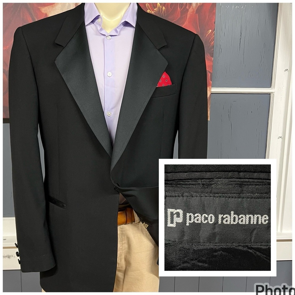 Vintage Paco Rabanne Tuxedo Blazer Suit Jacket Mens 44L Long Wool Black